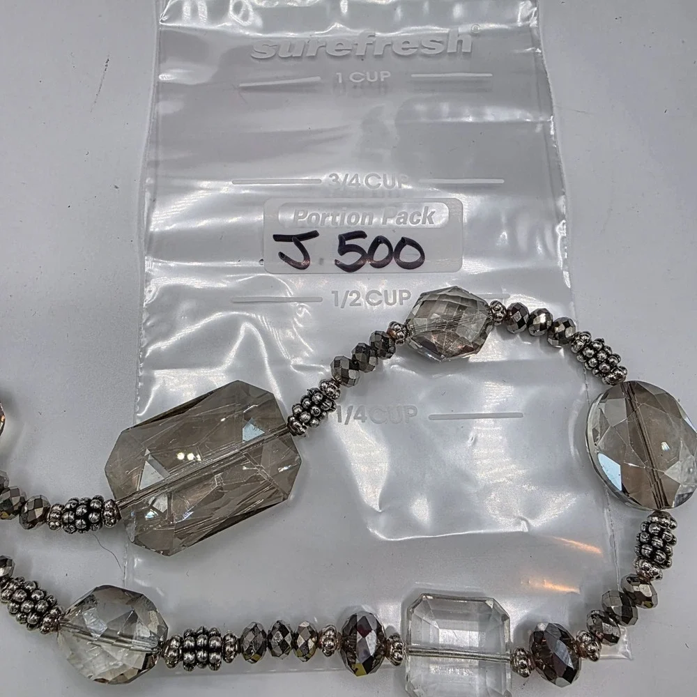 Chico's Beaded Statement Necklace Crystal Faceted‎ Gem Silver Tone Long Boho